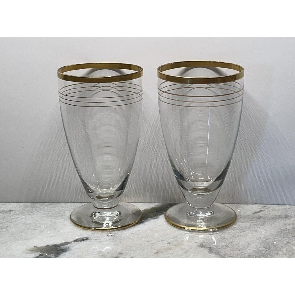 Set of 2 Glastonbury Lotus Gold Band Iced Tea Glasses 5.5" Tall Blown Glass